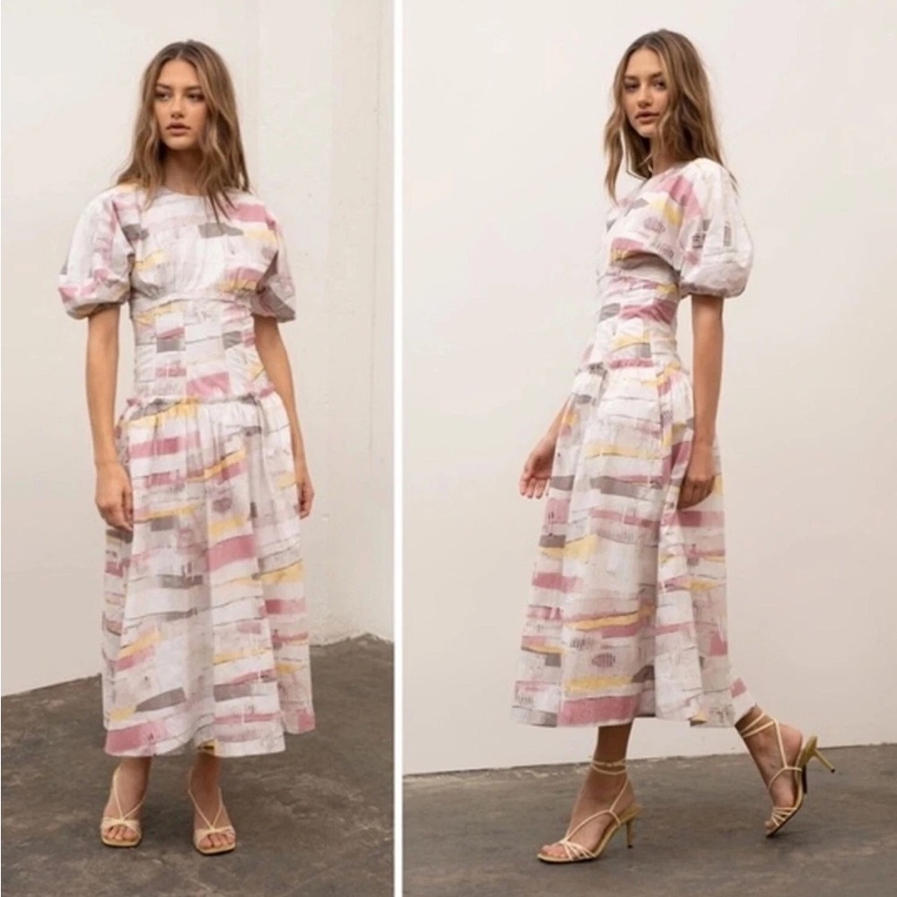Moon River Abstract print Puff Sleeves Back Cut-Out Dress Sz M Viscose blend